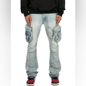 mnml B480 Cargo Pocket Flare Denim Light Blue Washed Slim Leg Jeans